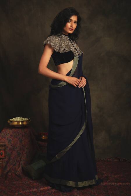 Nikita Vishakha_Blue Blouse Velvet Saree Chiffon Petticoat Modal Satin Sharanya Set With _Online_at_Aza_Fashions