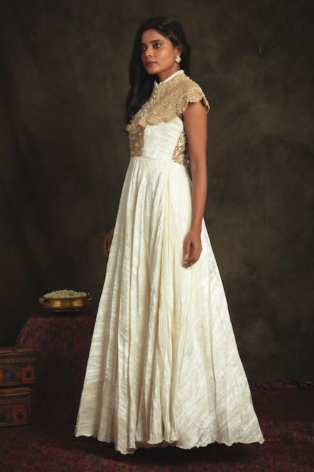 Nikita Vishakha_White Cape Mesh, Gown Velvet Zardozi Cape Crew Neck Tareefa With _Online_at_Aza_Fashions