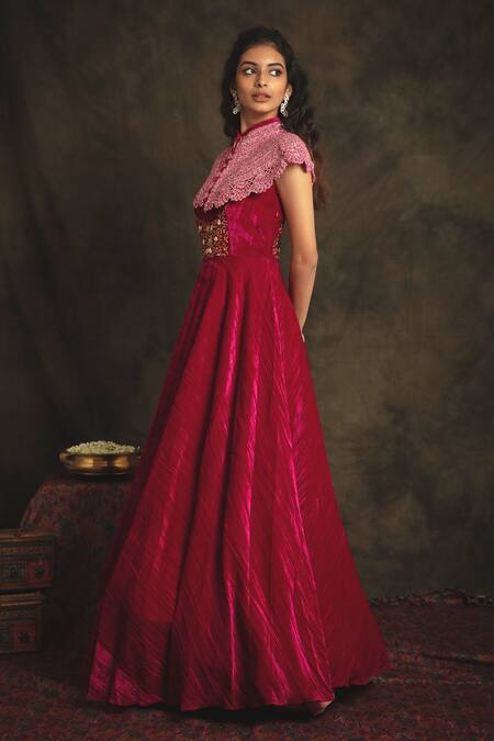 Nikita Vishakha_Pink Cape Mesh, Gown Velvet Zardozi Cape Crew Neck Tareefa With _Online_at_Aza_Fashions