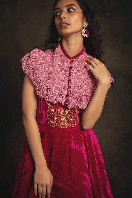 Buy_Nikita Vishakha_Pink Cape Mesh, Gown Velvet Zardozi Cape Crew Neck Tareefa With _Online_at_Aza_Fashions