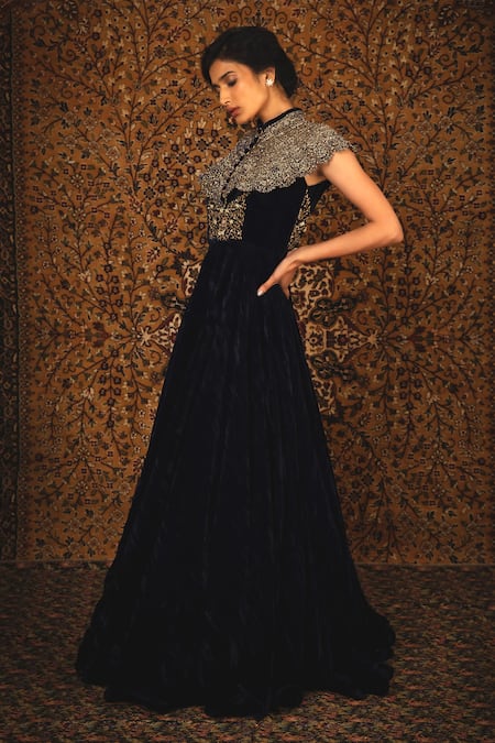 Nikita Vishakha_Blue Cape Mesh, Gown Velvet Zardozi Cape Crew Neck Tareefa With _Online_at_Aza_Fashions