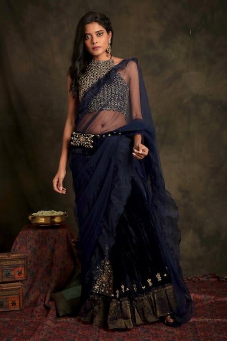 Nikita Vishakha Blue Bralette Mesh Saree Bottom Velvet Draped Janki Pre-stitched Ruffle Set 