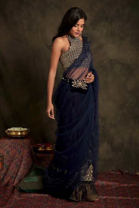 Nikita Vishakha Blue Bralette Mesh Saree Bottom Velvet Draped Janki Pre-stitched Ruffle Set Online at Aza Fashions Nikita Vishakha_Blue Bralette Mesh Saree Bottom Velvet Draped Janki Pre-stitched Ruffle Set _Online_at_Aza_Fashions