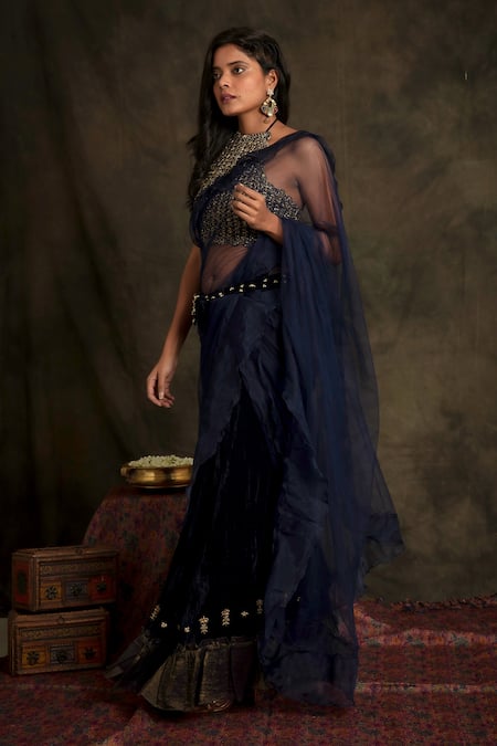 Buy Nikita Vishakha Blue Bralette Mesh Saree Bottom Velvet Draped Janki Pre-stitched Ruffle Set Online at Aza Fashions Buy_Nikita Vishakha_Blue Bralette Mesh Saree Bottom Velvet Draped Janki Pre-stitched Ruffle Set _Online_at_Aza_Fashions