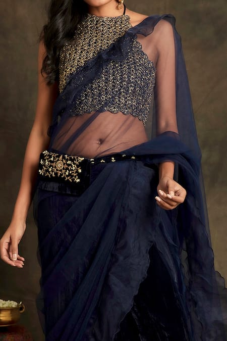 Shop Nikita Vishakha Blue Bralette Mesh Saree Bottom Velvet Draped Janki Pre-stitched Ruffle Set Online at Aza Fashions Shop_Nikita Vishakha_Blue Bralette Mesh Saree Bottom Velvet Draped Janki Pre-stitched Ruffle Set _Online_at_Aza_Fashions