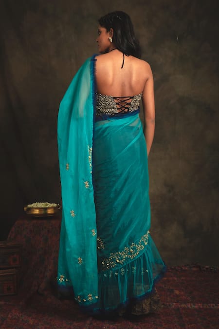 Shop Nikita Vishakha Blue Silk Organza, Bralette Mesh Saree Bottom Velvet Draped Vaidehi Set at Aza Fashions Shop_Nikita Vishakha_Blue Silk Organza, Bralette Mesh Saree Bottom Velvet Draped Vaidehi Set _at_Aza_Fashions