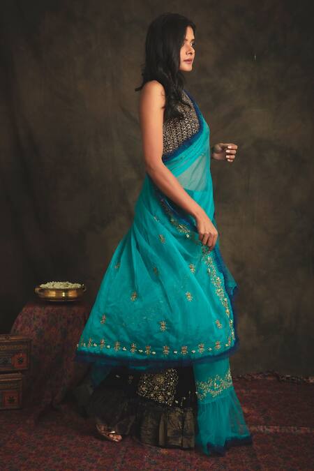 Nikita Vishakha Blue Silk Organza, Bralette Mesh Saree Bottom Velvet Draped Vaidehi Set Online at Aza Fashions Nikita Vishakha_Blue Silk Organza, Bralette Mesh Saree Bottom Velvet Draped Vaidehi Set _Online_at_Aza_Fashions