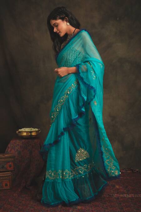 Buy Nikita Vishakha Blue Silk Organza, Bralette Mesh Saree Bottom Velvet Draped Vaidehi Set Online at Aza Fashions Buy_Nikita Vishakha_Blue Silk Organza, Bralette Mesh Saree Bottom Velvet Draped Vaidehi Set _Online_at_Aza_Fashions