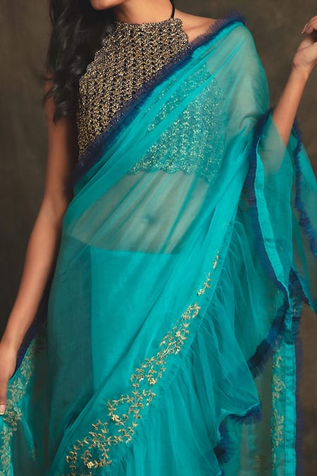 Shop Nikita Vishakha Blue Silk Organza, Bralette Mesh Saree Bottom Velvet Draped Vaidehi Set Online at Aza Fashions Shop_Nikita Vishakha_Blue Silk Organza, Bralette Mesh Saree Bottom Velvet Draped Vaidehi Set _Online_at_Aza_Fashions