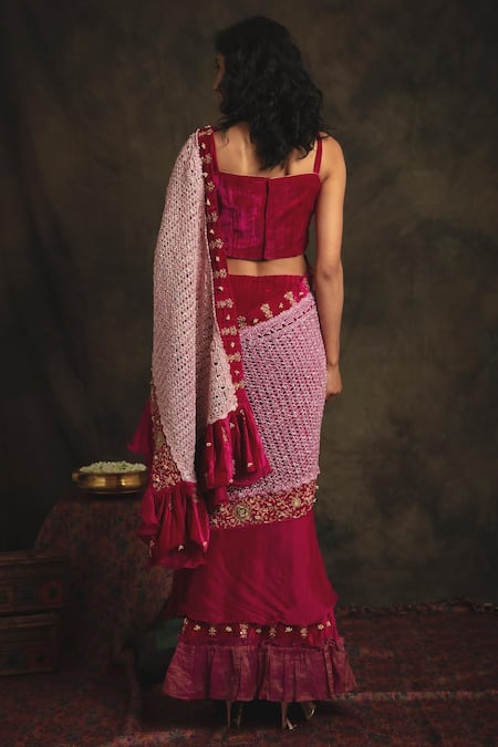 Shop Nikita Vishakha Pink Blouse And Saree Bottom Velvet Dupatta Mesh Zardozi Vaishavi Ruffle Set at Aza Fashions Shop_Nikita Vishakha_Pink Blouse And Saree Bottom Velvet Dupatta Mesh Zardozi Vaishavi Ruffle Set _at_Aza_Fashions