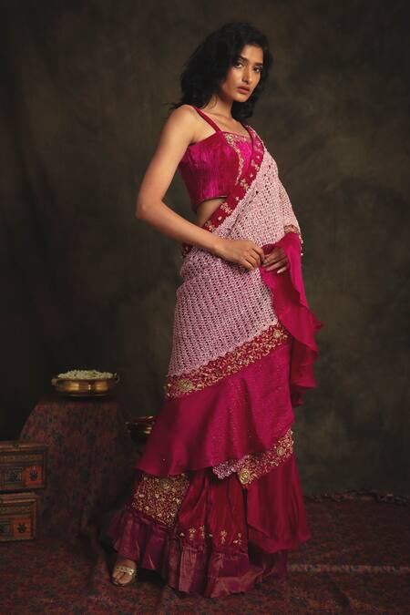 Nikita Vishakha Pink Blouse And Saree Bottom Velvet Dupatta Mesh Zardozi Vaishavi Ruffle Set Online at Aza Fashions Nikita Vishakha_Pink Blouse And Saree Bottom Velvet Dupatta Mesh Zardozi Vaishavi Ruffle Set _Online_at_Aza_Fashions