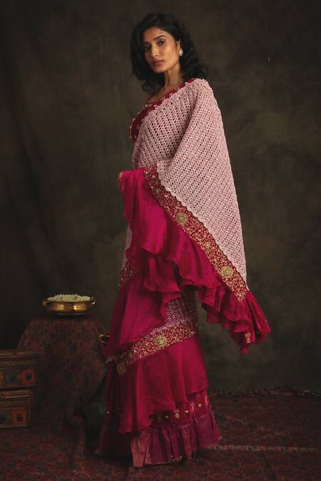 Buy Nikita Vishakha Pink Blouse And Saree Bottom Velvet Dupatta Mesh Zardozi Vaishavi Ruffle Set Online at Aza Fashions Buy_Nikita Vishakha_Pink Blouse And Saree Bottom Velvet Dupatta Mesh Zardozi Vaishavi Ruffle Set _Online_at_Aza_Fashions