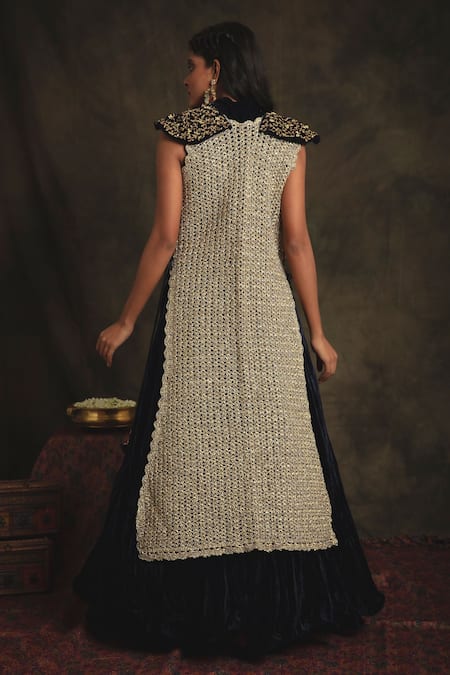 Shop Nikita Vishakha Blue Lehenga And Blouse Velvet Jacket Mesh Zardozi Blouse Padmini Set With at Aza Fashions Shop_Nikita Vishakha_Blue Lehenga And Blouse Velvet Jacket Mesh Zardozi Blouse Padmini Set With _at_Aza_Fashions