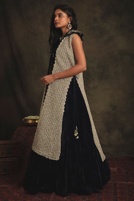 Nikita Vishakha Blue Lehenga And Blouse Velvet Jacket Mesh Zardozi Blouse Padmini Set With Online at Aza Fashions Nikita Vishakha_Blue Lehenga And Blouse Velvet Jacket Mesh Zardozi Blouse Padmini Set With _Online_at_Aza_Fashions