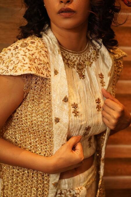 Nikita Vishakha White Lehenga And Blouse Velvet Jacket Mesh Zardozi Blouse Samyukta Set With Online at Aza Fashions Nikita Vishakha_White Lehenga And Blouse Velvet Jacket Mesh Zardozi Blouse Samyukta Set With _Online_at_Aza_Fashions