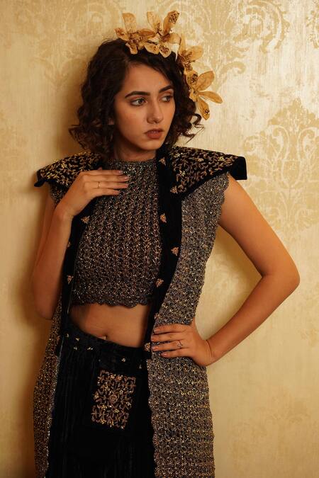 Shop Nikita Vishakha Blue Lehenga Velvet Bralette And Jacket Mesh Zardozi Blouse V Arzoo Set With at Aza Fashions Shop_Nikita Vishakha_Blue Lehenga Velvet Bralette And Jacket Mesh Zardozi Blouse V Arzoo Set With _at_Aza_Fashions