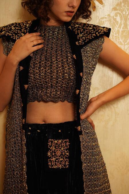 Nikita Vishakha Blue Lehenga Velvet Bralette And Jacket Mesh Zardozi Blouse V Arzoo Set With Online at Aza Fashions Nikita Vishakha_Blue Lehenga Velvet Bralette And Jacket Mesh Zardozi Blouse V Arzoo Set With _Online_at_Aza_Fashions