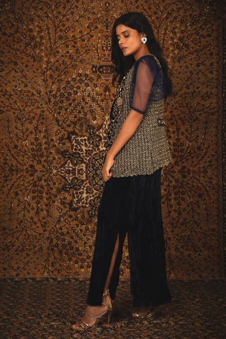 Nikita Vishakha_Blue Gown  Shrug Mesh And Zardozi Round Zeenat With Jacket _Online_at_Aza_Fashions