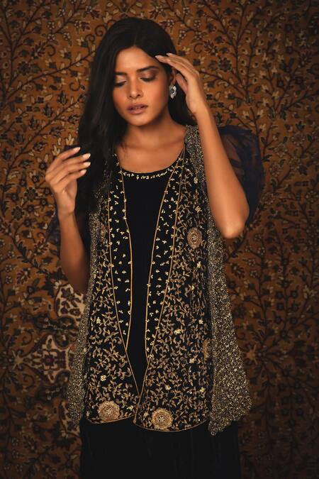 Buy_Nikita Vishakha_Blue Gown  Shrug Mesh And Zardozi Round Zeenat With Jacket _Online_at_Aza_Fashions