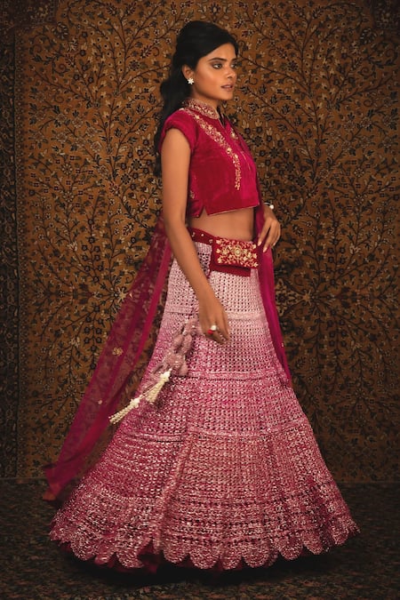 Nikita Vishakha_Pink Blouse Velvet Lehenga Mesh Dupatta Net Zardozi Band Collar Begum Set_Online_at_Aza_Fashions
