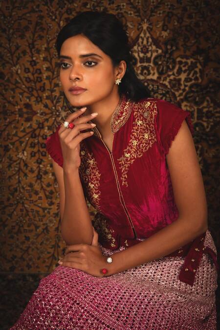 Buy_Nikita Vishakha_Pink Blouse Velvet Lehenga Mesh Dupatta Net Zardozi Band Collar Begum Set_Online_at_Aza_Fashions