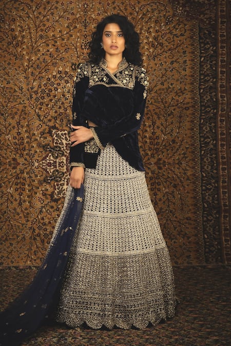 Buy Blue Tulle Embroidery Resham V Neck Lehenga Velvet Blouse Set For Women  by TUHINA SRIVASTAVA Online at Aza Fashions.
