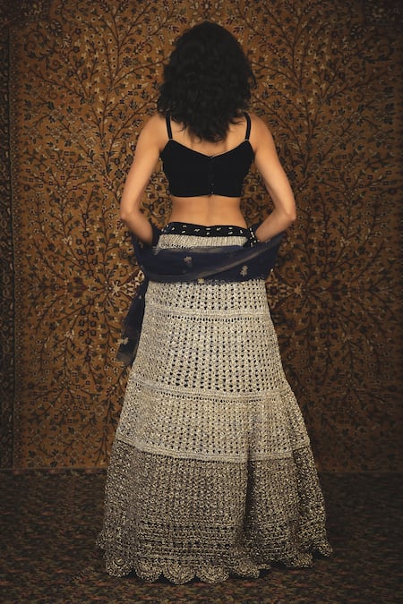 Shop Nikita Vishakha Blue Blouse Velvet Lehenga Mesh Dupatta Net Zardozi Makhmali Set at Aza Fashions Shop_Nikita Vishakha_Blue Blouse Velvet Lehenga Mesh Dupatta Net Zardozi Makhmali Set_at_Aza_Fashions