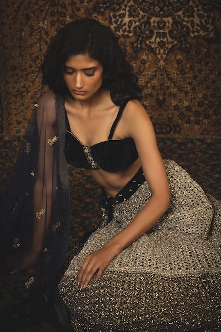 Buy Nikita Vishakha Blue Blouse Velvet Lehenga Mesh Dupatta Net Zardozi Makhmali Set Online at Aza Fashions Buy_Nikita Vishakha_Blue Blouse Velvet Lehenga Mesh Dupatta Net Zardozi Makhmali Set_Online_at_Aza_Fashions