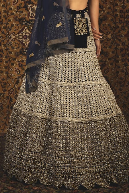 Nikita Vishakha Blue Blouse Velvet Lehenga Mesh Dupatta Net Zardozi Makhmali Set at Aza Fashions Nikita Vishakha_Blue Blouse Velvet Lehenga Mesh Dupatta Net Zardozi Makhmali Set_at_Aza_Fashions