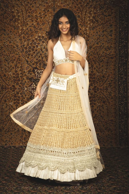 White Net Lehenga With Silver Sequined Blouse - Zai Fashion