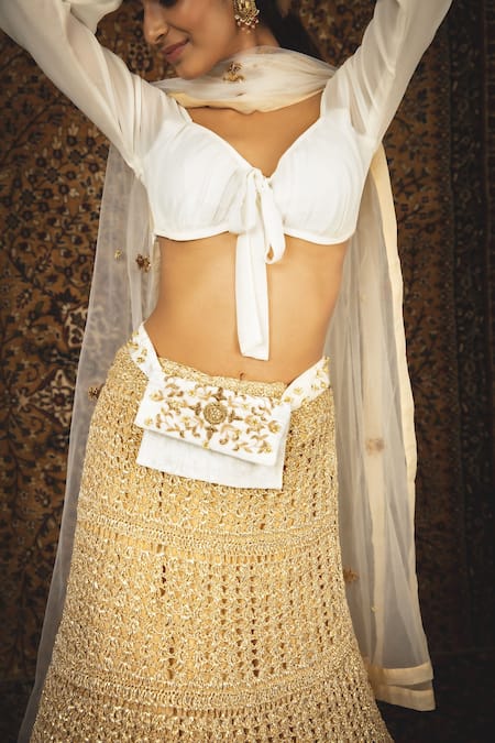 Buy_Nikita Vishakha_White Blouse Georgette Lehenga Mesh Dupatta Net Zardozi Madhushmita Set_Online_at_Aza_Fashions