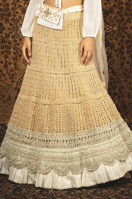 Shop_Nikita Vishakha_White Blouse Georgette Lehenga Mesh Dupatta Net Zardozi Madhushmita Set_Online_at_Aza_Fashions