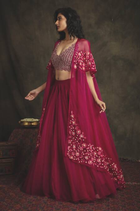 Nikita Vishakha_Pink Bralette Mesh Lehenga Net And Organza Cape Silk Rajshree Set With_Online_at_Aza_Fashions