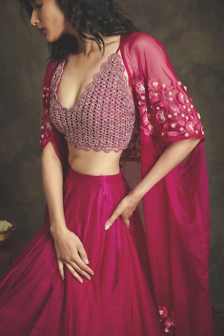 Buy_Nikita Vishakha_Pink Bralette Mesh Lehenga Net And Organza Cape Silk Rajshree Set With_Online_at_Aza_Fashions