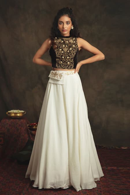 Nikita Vishakha_White Top Velvet Lehenga Organza Zardozi Round Myraa And Set _Online_at_Aza_Fashions
