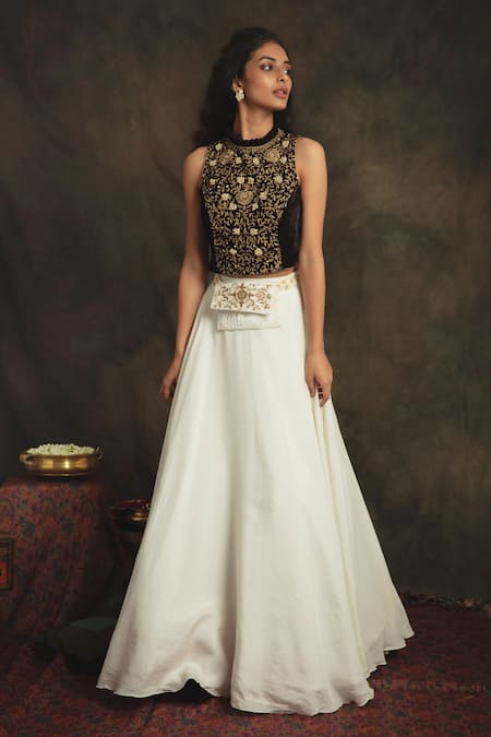 Shop_Nikita Vishakha_White Top Velvet Lehenga Organza Zardozi Round Myraa And Set _at_Aza_Fashions