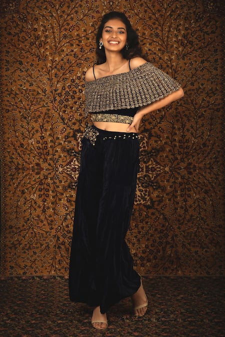 Nikita Vishakha_Blue Top Velvet Pant Mesh Zardozi One Shoulder Rajkumari And Off Set _Online_at_Aza_Fashions