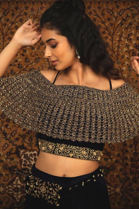 Buy_Nikita Vishakha_Blue Top Velvet Pant Mesh Zardozi One Shoulder Rajkumari And Off Set _Online_at_Aza_Fashions