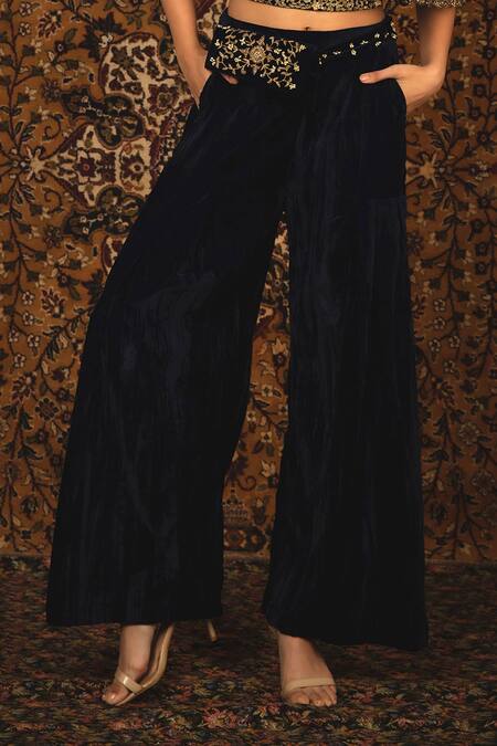 Shop_Nikita Vishakha_Blue Top Velvet Pant Mesh Zardozi One Shoulder Rajkumari And Off Set _Online_at_Aza_Fashions