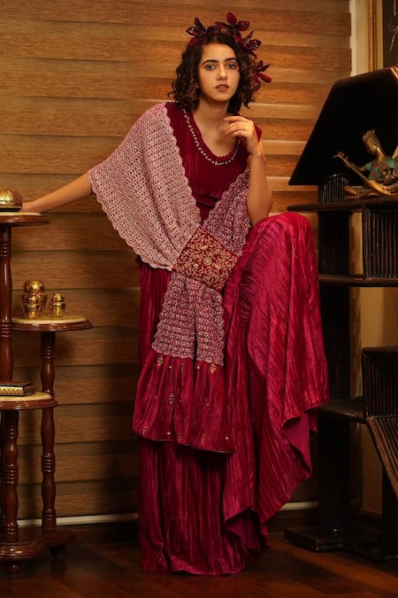 Nikita Vishakha Pink Top And Palazzo Velvet Stole Mesh Zardozi V Neck Gazal Set With 