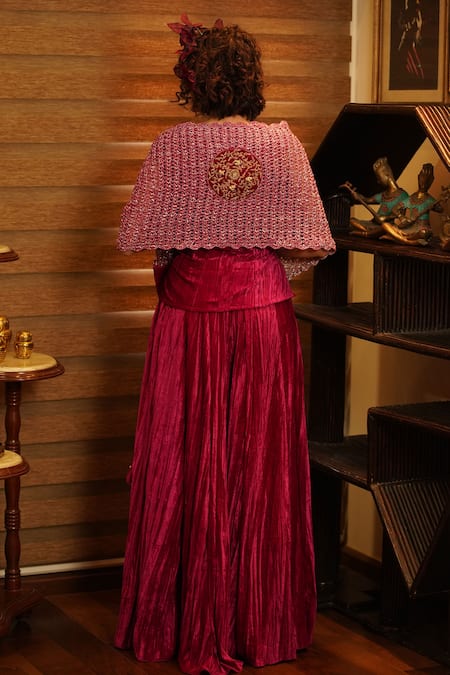 Shop_Nikita Vishakha_Pink Top And Palazzo Velvet Stole Mesh Zardozi V Neck Gazal Set With _at_Aza_Fashions