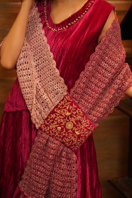 Buy_Nikita Vishakha_Pink Top And Palazzo Velvet Stole Mesh Zardozi V Neck Gazal Set With _Online_at_Aza_Fashions