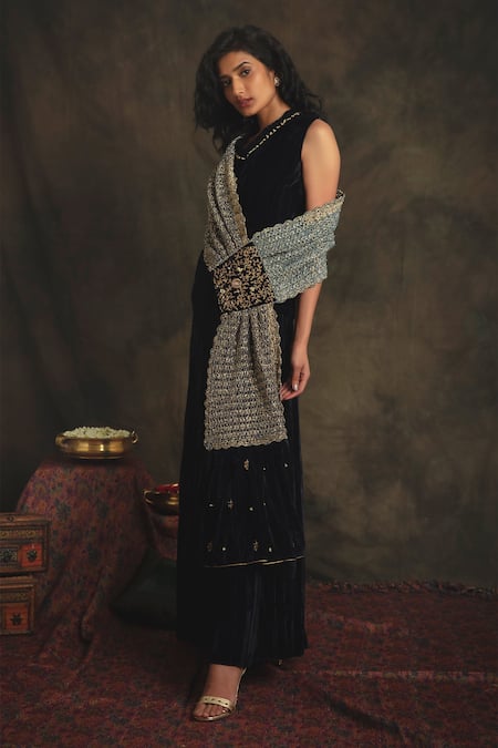 Nikita Vishakha_Blue Top And Palazzo Velvet Stole Mesh Zardozi V Neck Gazal Set With_Online_at_Aza_Fashions