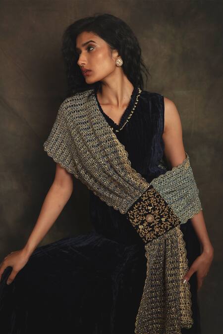 Buy_Nikita Vishakha_Blue Top And Palazzo Velvet Stole Mesh Zardozi V Neck Gazal Set With_Online_at_Aza_Fashions