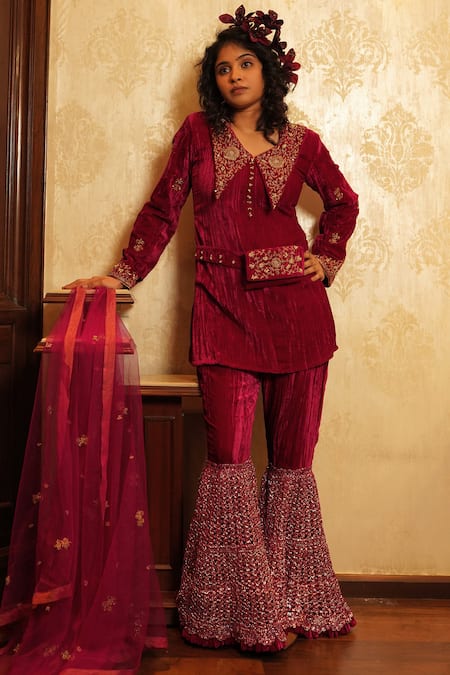 Exclusive Velvet Embroidery Work Sharara Suit With With Dupatta