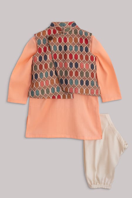 Minikin Multi Color Cotton Silk Multicolored Printed Bundi And Kurta Set