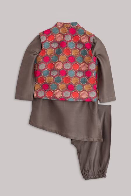 Shop Minikin Multi Color Muslin, Cotton, Silk Geometric Printed Bundi And Kurta Set at Aza Fashions Shop_Minikin_Multi Color Muslin, Cotton, Silk Geometric Printed Bundi And Kurta Set _at_Aza_Fashions