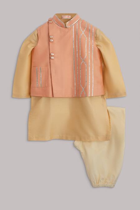 Minikin Peach Cotton Silk Embroidered Bundi And Kurta Set For Boys