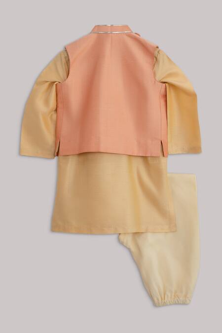 Shop Minikin Peach Muslin, Cotton, Silk Gota Patti, Embroidery Bundi And Kurta Set at Aza Fashions Shop_Minikin_Peach Muslin, Cotton, Silk Gota Patti, Embroidery Bundi And Kurta Set _at_Aza_Fashions