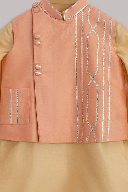 Buy Minikin Peach Muslin, Cotton, Silk Gota Patti, Embroidery Bundi And Kurta Set Online at Aza Fashions Buy_Minikin_Peach Muslin, Cotton, Silk Gota Patti, Embroidery Bundi And Kurta Set _Online_at_Aza_Fashions